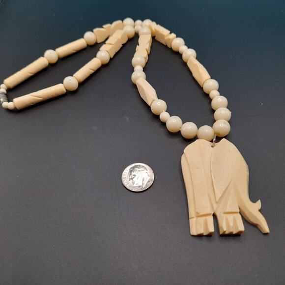 Vintage Carved Elephant Necklace, Carved Long Beads, Acrylic Round Beads - Picture 12 of 12
